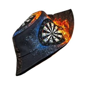 Detailed close-up of a bucket hat featuring creative dartboard print with flame elements