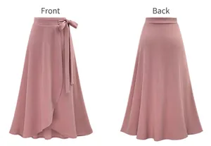 Front and back detail of high waist irregular midi skirt with tie side knot design