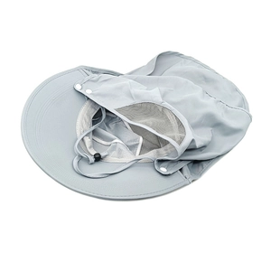Light grey wide brim sun hat with neck flap and mesh vents for outdoor UV protection