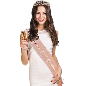 Rose gold 18th birthday crown and sash set with glitter fabric and sparkling rhinestones