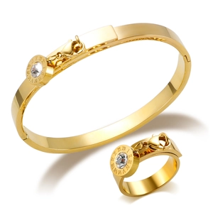 Polished 18K gold plated bangle and ring set with roman numerals and zircon inlay