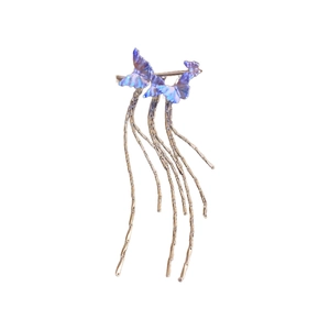 Purple blue butterfly tassel ear clips with long fringe drops in silver-tone metal