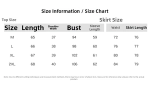 Detailed size chart for two-piece shirt and skirt set showing top and bottom measurements