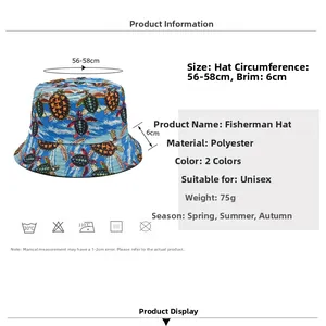 Size guide for unisex turtle print bucket hat with 56-58cm circumference and details