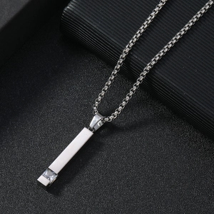 Polished silver stainless steel bar necklace with square zircon pendant on box chain