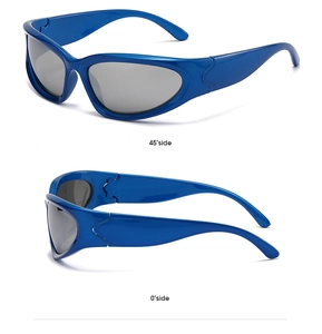 Dual view of blue wraparound sports sunglasses showing 45 and 0 degree side profile angles