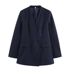 Navy blue double-breasted collarless blazer suit set for women on white background