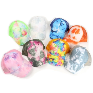 Tie-dye colorful trucker hats with breathable mesh back in multiple vibrant color patterns