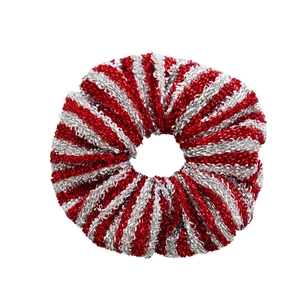 Elastic Christmas scrunchie with red and white metallic stripes on white background