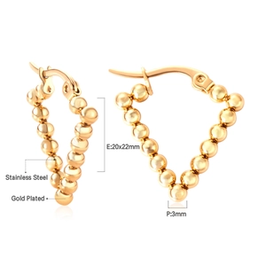 Detailed view of V-shaped gold plated stainless steel bead earrings with dimensions
