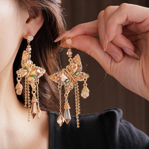 Boucles D'oreilles Pendantes Papillon Avec Tige En Argent Alliage Strass Long Gland Cristal Goutte Vintage Élégant Femmes