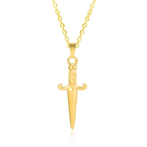 Detailed macro view of gold plated stainless steel dagger pendant with spiral handle texture