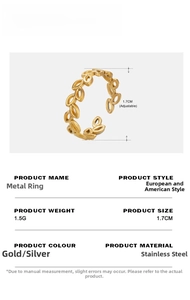 Detailed view of leaf olive branch ring made of gold stainless steel with adjustable band