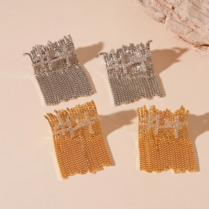 Zircon Cross Tassel Earrings With Silver Earring Post Copper Geometric Luxury Dangle For Women
