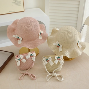Chapeau De Soleil D'été Pour Filles Et Sac À Bandoulière En Paille De Papier Bord Ondulé Noeud Cerise Respirant Plage