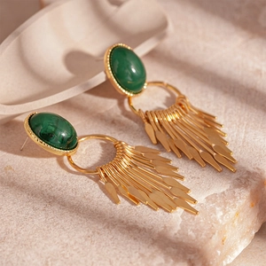 Vintage gold tassel earrings with green malachite stone inlay in a retro oval design