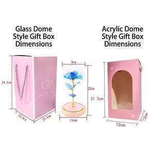 Size specifications for gold foil rose in glass dome and acrylic dome gift boxes