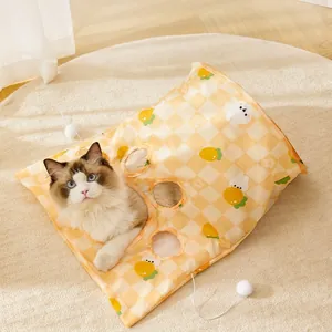 Foldable Cat Tunnel Toy Polyester Crinkle Paper Drill Bag Interactive Hanging Plush Balls Mouse Cartoon Print Indoor Kittens