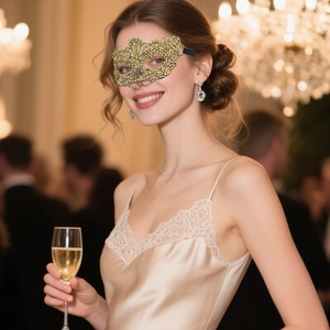 Detail of elegant gold lace eye mask on a female model for a luxury masquerade party