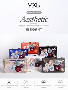 Collection of acrylic evening bags with 3D fabric flowers and golden chain straps