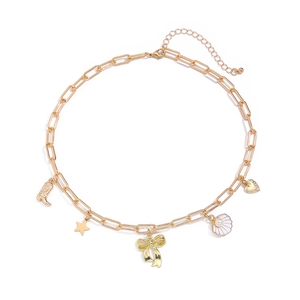 Golden link necklace featuring bow, shell, star and western boot charms on white background