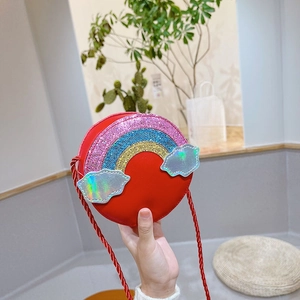 Cute kids round rainbow crossbody bag with sequins and iridescent clouds for girls