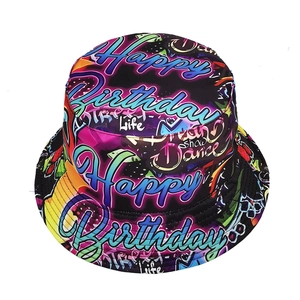 Reversible Happy Birthday graffiti bucket hat with colorful street art print for women
