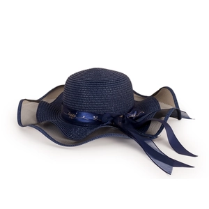 Detail of navy blue wide brim straw hat with happy love ribbon and mesh wavy edge