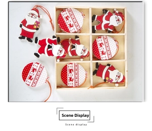 Detailed view of six-compartment wooden box with Santa ornaments and orange ropes