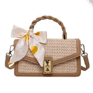Summer straw tote bag with brown leather trim and heart print silk scarf accessory