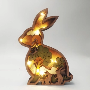 Wooden Easter rabbit lamp with LED warm lights featuring multi-layer forest carving