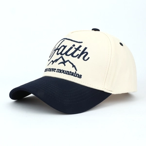 Casquette de baseball en coton beige et bleu marine avec broderie Faith et montagnes