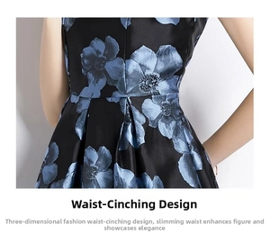 Detailed view of the waist design and floral jacquard pattern on a satin sleeveless dress
