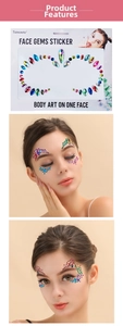 Rainbow crystal face gems stickers with colorful rhinestones for party makeup and body art