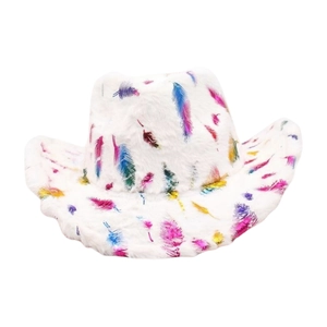 Close-up of white plush cowboy hat featuring colorful feather prints for Christmas festivities