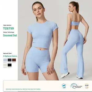 Women's Recycled Nylon Yoga Workout Set High Waist V-Cross Waist Sports Bra Short Sleeve Top Flared Leggings Top And Bottom