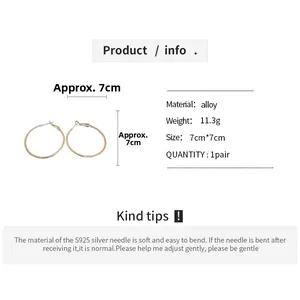 Detailed specs for 7cm golden alloy hoop earrings with S925 silver needles and measurements