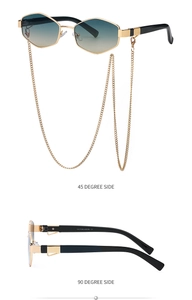 Detailed views of irregular hexagonal metal sunglasses with decorative gold chain links