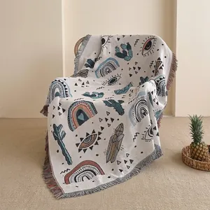 Bohemian Cotton Blend Woven Throw Blanket With Tassels For Sofa Couch Picnic Camping Jacquard Cactus Rainbow Pattern