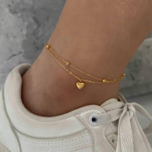 Double-layer stainless steel anklet with gold heart pendant and round beads for women