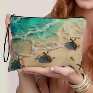 Sea Turtle Print Makeup Bag Imitation Linen Cosmetic Pouch Zipper Handle Ocean Beach Style Travel Organizer For Women
