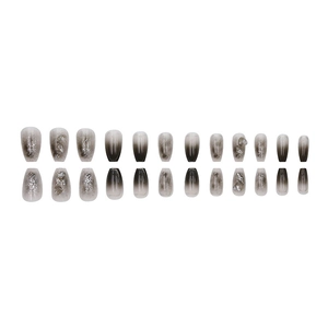 Gray smudge press-on nails with glitter diamonds and 3D heart design in 24-piece set