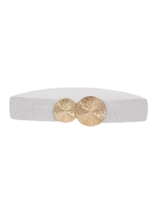 Elastic white waist belt with round gold textured metal buckles for dresses and coats