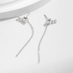 Elegant s925 silver long chain pearl drop earrings featuring minimalist tassel design