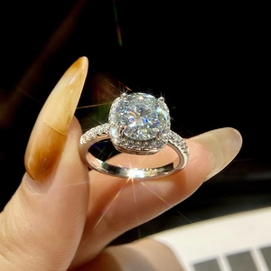 Elegant S925 silver ring featuring a square cut moissanite stone with shimmering halo