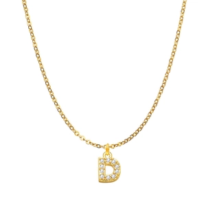 Detail of gold letter D pendant with micro-pave crystals on a delicate chain