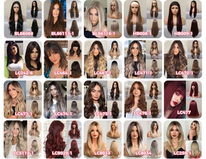 Catalog view of long wavy hair wigs in various shades including brown, blonde, and ombré