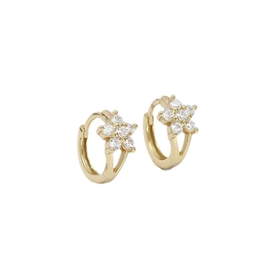S925 sterling silver gold flower hoop earrings with clear crystals on white background