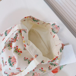 Cute bunny print cotton canvas tote bag with floral patterns and internal pocket