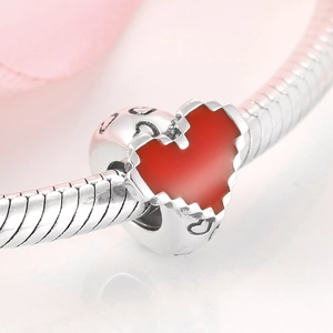 S925 sterling silver pixel heart charm on silver snake chain bracelet for DIY jewelry